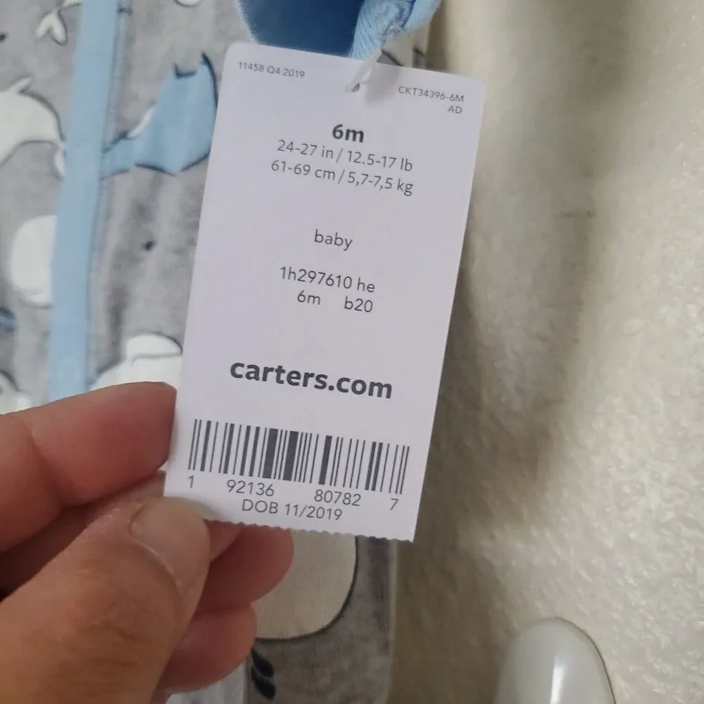 Carters Baby Boy Cute Whale 100% Cotton Long Sleeve Snap-Up Sleep & Play 6M Gray